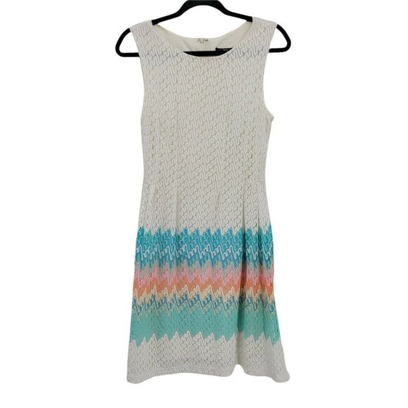 R&K Pastel Chevron Lace Overlay Sleeveless Scoop Tea Length Dress White Sz 10 - Picture 4 of 11